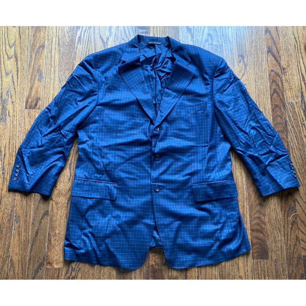 Samuelsohn Blazer Mens Size 44R Navy Blue Plaid 3 Button Wool Super 100s